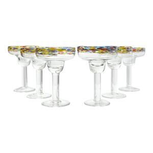 Set of 6 Mexican Handblown Colorful Confetti Rim Margarita Glasses 7” 10oz